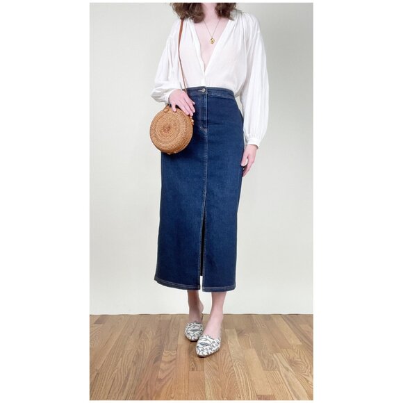 Vintage Denim Jean Midi Maxi Skirt Euro Girl French Parisian Column Straight Cut - Picture 5 of 7